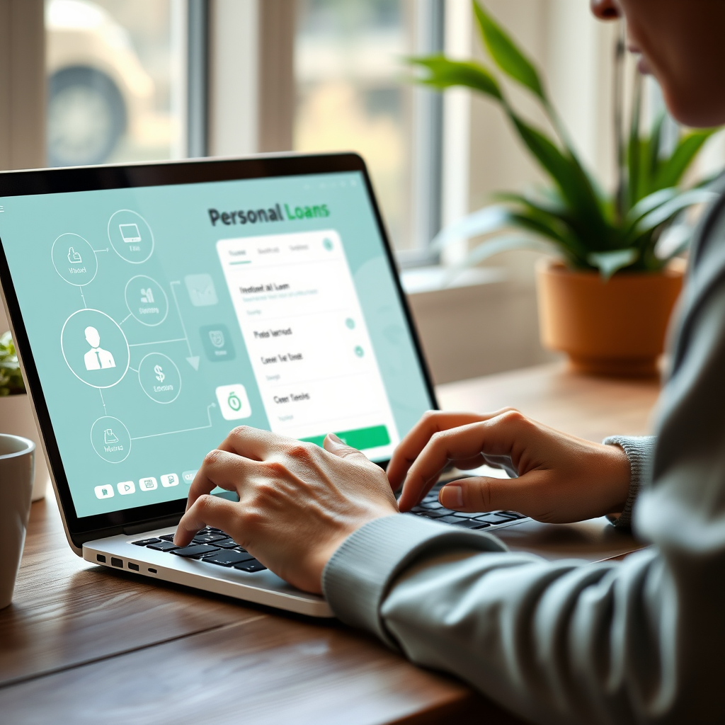 Persona usando laptop para solicitud de préstamo personal con interfaz moderna de automatización financiera
