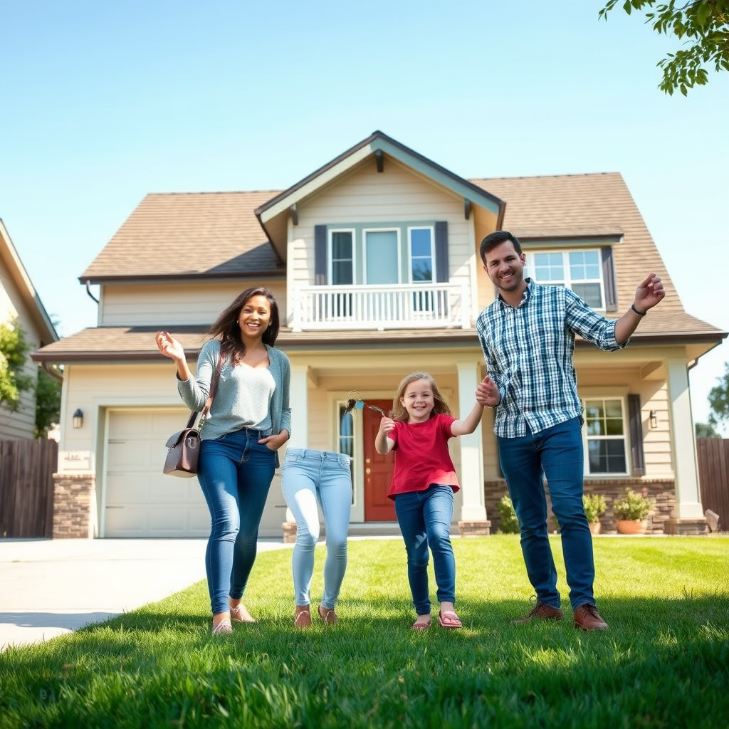 Familia feliz con llaves frente a su nueva casa, celebrando la compra exitosa de su hogar