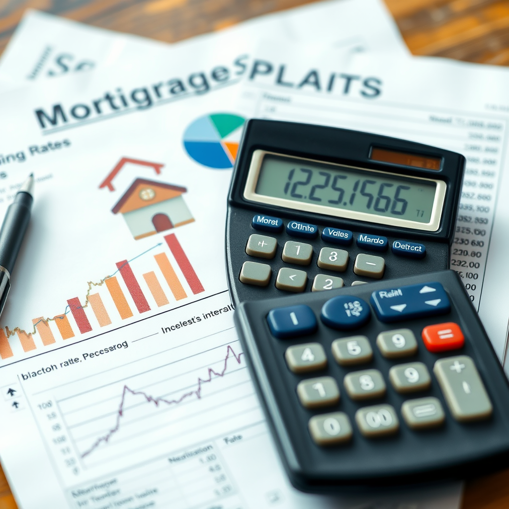 Calculadora financiera con documentos hipotecarios y gráficos de análisis de mercado mostrando tendencias de tasas de interés