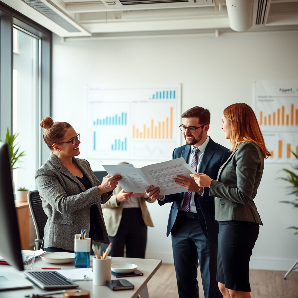 Profesionales de negocios discutiendo documentos de préstamo en oficina moderna con gráficos financieros y tecnología