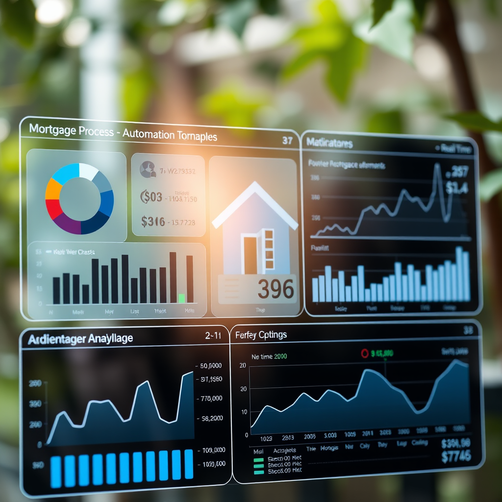 Interfaz moderna de tecnología financiera mostrando gráficos de automatización de procesos hipotecarios y análisis de datos en tiempo real