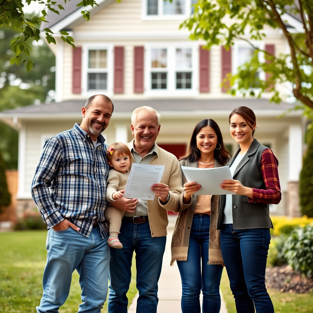 Familia feliz con llaves frente a casa nueva con agente inmobiliario y documentos hipotecarios digitales